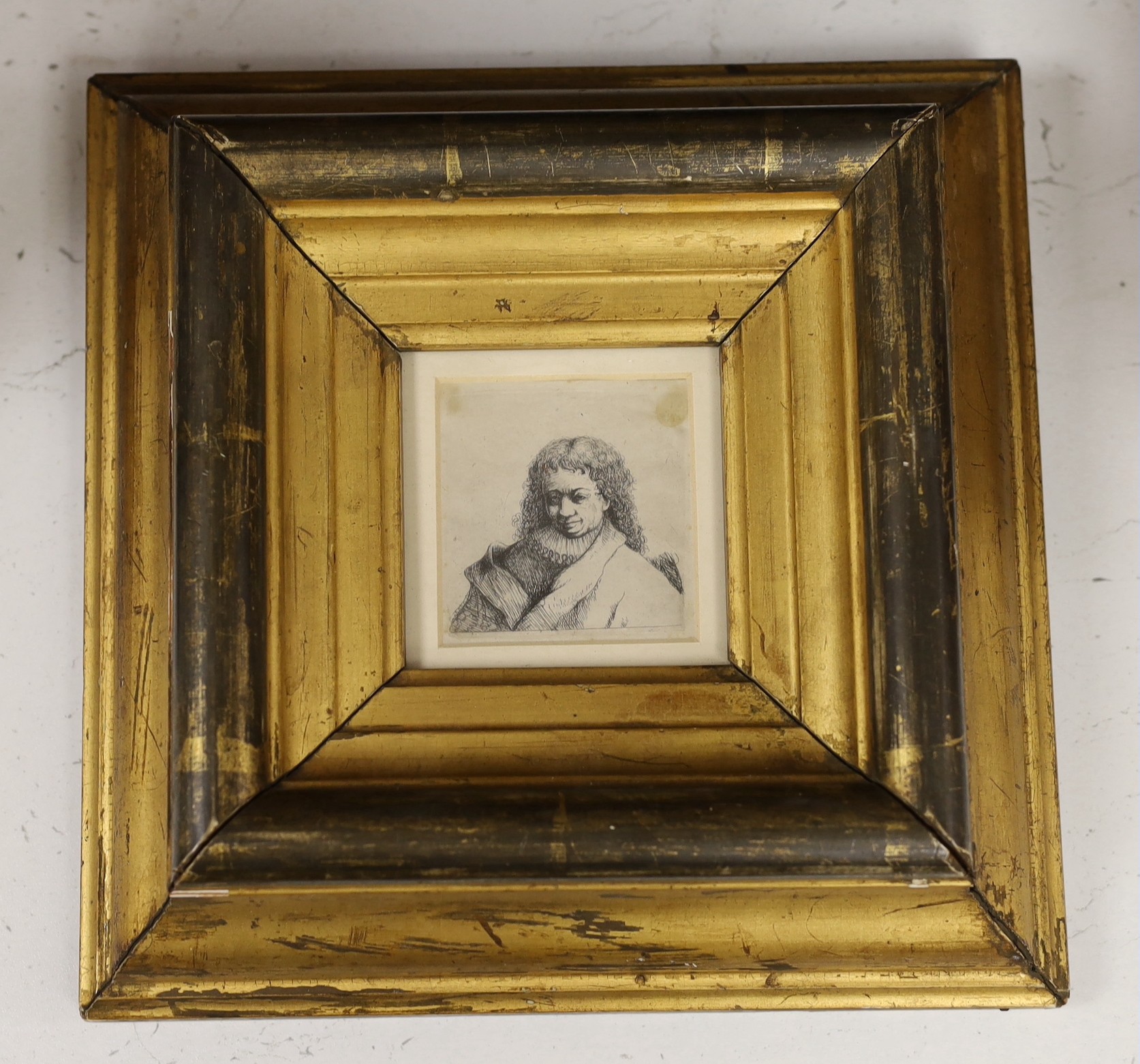 Manner of Rembrandt Van Rijn, etching, Portrait of a gentleman with a lace collar, 6.25 x 6.25cm